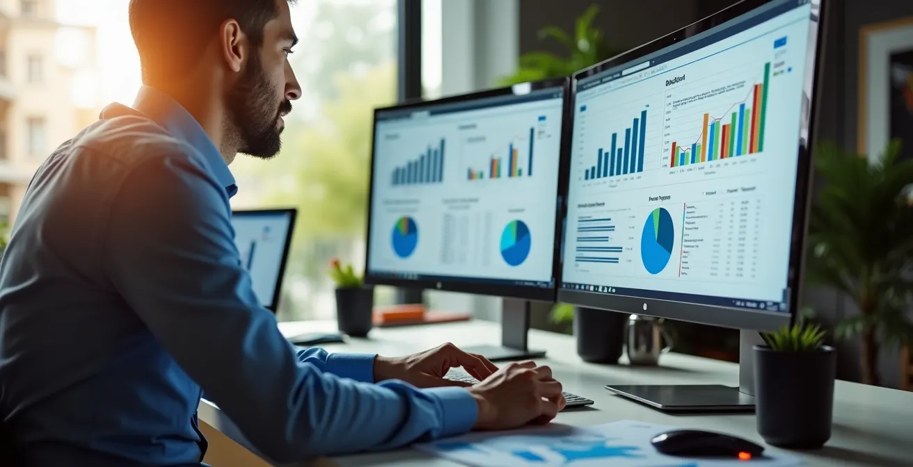 Photo réaliste d’un bureau moderne avec un professionnel analysant des données SEO sur un écran d’ordinateur à Toulouse