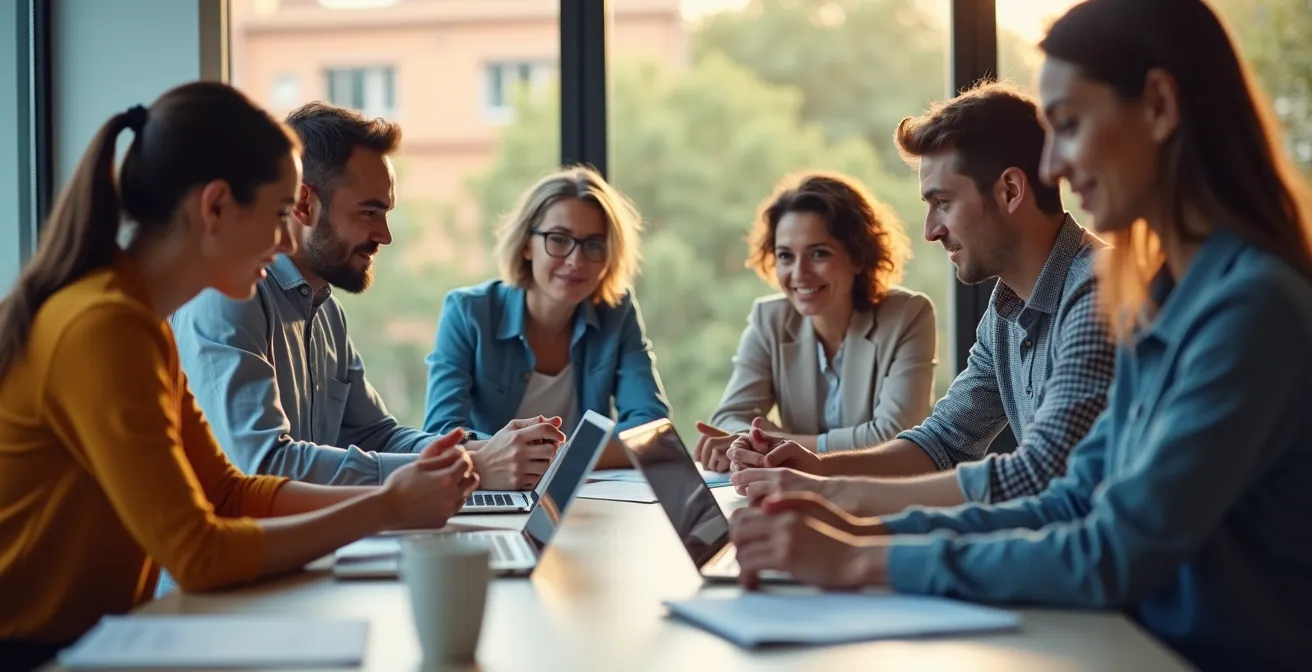 Photo réaliste d’une réunion professionnelle de spécialistes du digital dans un bureau à Toulouse, ambiance collaborative et moderne