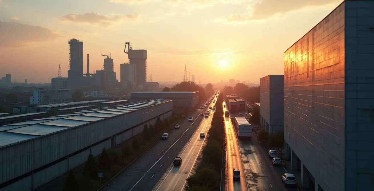 Vue photographique réaliste d’un paysage urbain et industriel moderne de Toulouse mettant en valeur les secteurs aéronautique et numérique